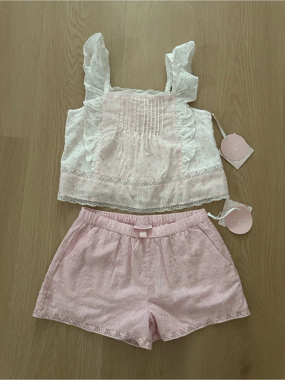 LoveShackFancy Pink Eyelet Ruffle Cami & Shorts Set